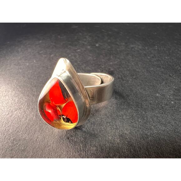 950 Silver Adjustable Huayruro Seed Resin Ring Peruvian Art Good Luck, Size 7 - Picture 6 of 8